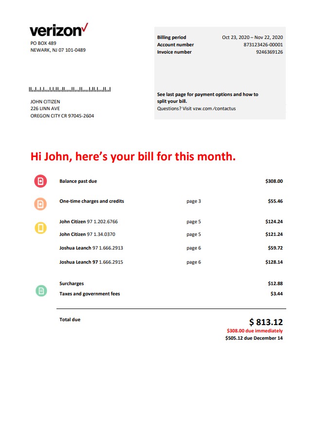 USA Verizon telecommunications utility bill template in Word and PDF format
